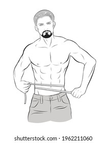 muscular man measuring his waist. measure tape. Weightloss, healthy lifestyle, bodycare and bodybuilding Sport, diet, healthy lifestyle concept.