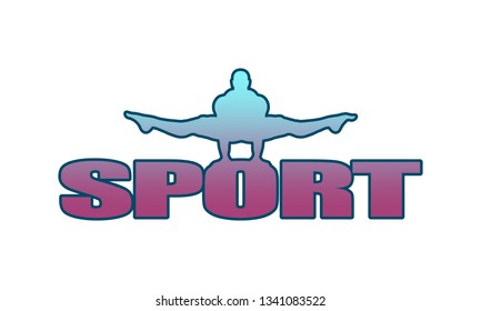 Muscular man outline silhouete on sport word. Bodybuilding relative image