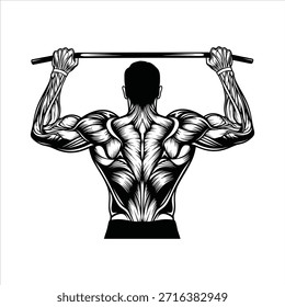 Homem muscular realizando flexões, vista traseira. Anatomia detalhada mostrando músculos bem definidos. Ilustração de fitness e treino.