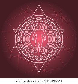 Muscular man posing. Bodybuilding coat of arms. Sporty style stamp. Connected lines with dots.