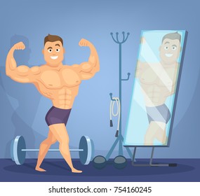 Muscular man posing a front of mirror. Bodybuilder standing in static pose. Bodybuilder cartoon in mirror, bodybuilding sport for body. Vector illustration