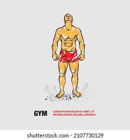 Muscular man posing with head up. Vector outline of Bodybuilder illustration with scribble doodles style drawing.