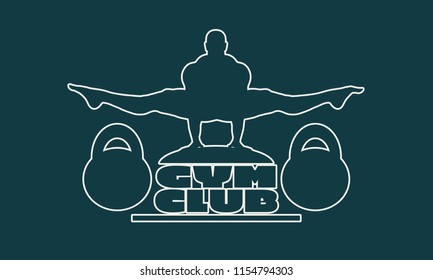 Muscular man posing on gym club text. Bodybuilding relative image. Outline design sport badge or emblem