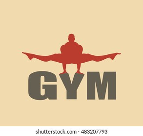 Muscular man posing on gym word. Vector silhouette. Bodybuilding relative image