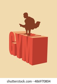 Muscular man posing on gym word. Vector silhouette. Bodybuilding relative image
