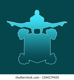 Muscular man posing on shield emblem. Bodybuilding coat of arm. Outline design sport badge or emblem