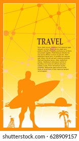 Muscular man posing with surfboard. Vintage Surfing Graphic. Palm and lifeguard tower. Brochure, report or cover design. Molecule And Communication gradient Backdrop. Connected lines and dots