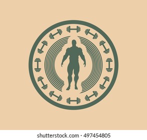 Muscular man posing. Vector silhouette. Bodybuilding coat of arms. Sporty style stamp