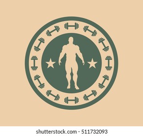 Muscular man posing. Vector silhouette. Bodybuilding coat of arms. Sporty style stamp