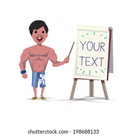 muscular man presenting with paperboard - vector illustration