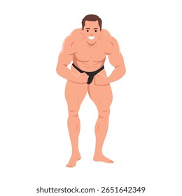 Muscular man proudly displays his physique in a classic bodybuilding stance. Flat vector illustration isolated on white background