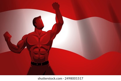 Hombre musculoso que sostiene con orgullo la bandera de Indonesia. Ideal para contenidos de orgullo nacional, fuerza, eventos deportivos, motivación y patriotismo