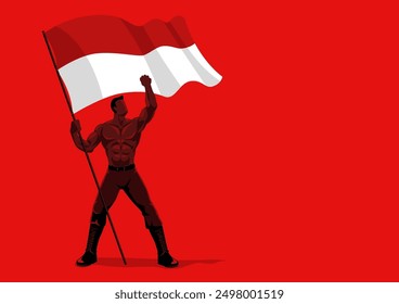 Hombre musculoso que sostiene con orgullo la bandera de Indonesia. Ideal para contenidos de orgullo nacional, fuerza, eventos deportivos, motivación y patriotismo