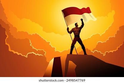 Hombre musculoso con orgullo sosteniendo la bandera de Indonesia encima de una roca. Perfecto para temas patrióticos, históricos y de orgullo nacional, simboliza la valentía y el espíritu de independencia