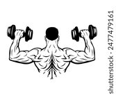 muscular man rear view lifting barbell in right and left hand black and white vector illustration