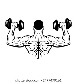 muscular man rear view lifting barbell in right and left hand black and white vector illustration