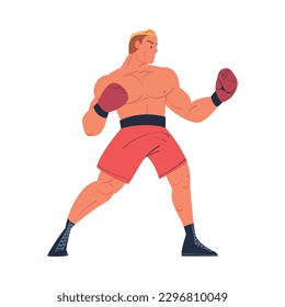 Muscular man in red shorts and boxing gloves throwing punches cartoon vector illustration