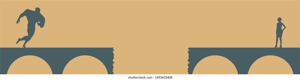 Muscular man running to woman. Male and female silhouettes at the gap of the bridge
