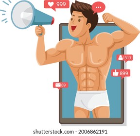 muscular man shouting in loudspeaker influencer. internet advertisement concept for whey protein supplements and bodybuilding equipment.