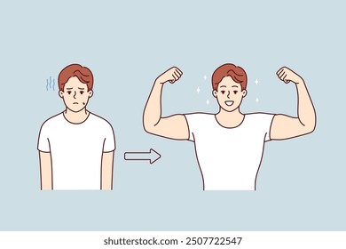 Muscular man shows off biceps, standing next to previous version of himself, rejoicing at successful transformation. Muscular guy achieves success in bodybuilding thanks to motivation and ambition