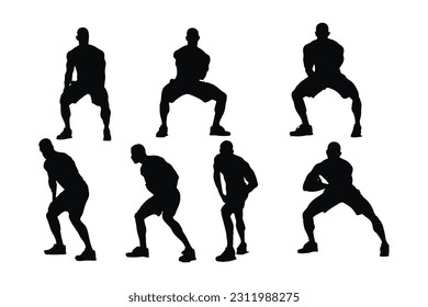 Muscular man silhouette on a white background. Male sportsman posing to play. Muscular men standing silhouette bundle. Male gymnasts with anonymous faces. Bodybuilder silhouette collection.