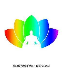 Muscular man sit in meditation pose. Bodybuilder relaxing. Cutout silhouette. Lotus Flower Yoga Center Emblem