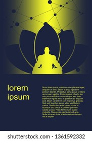 Muscular man sit in meditation pose. Bodybuilder relaxing. Human silhouette. Yoga Center Brochure. Field for text
