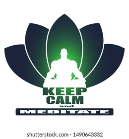 Muscular man sit in meditation pose. Bodybuilder relaxing. Cutout silhouette. Lotus flower yoga center emblem. Keep calm and meditate text