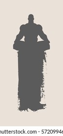 Muscular man sit in meditation pose. Bodybuilder relaxing. Human silhouette. Yoga Center Emblem. Sketch style illustration. Grunge brush stroke.