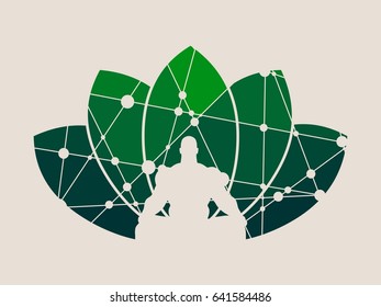 Muscular man sit in meditation pose. Bodybuilder relaxing. Cutout silhouette. Lotus Flower Yoga Center Emblem. Molecule And Communication. Connected lines with dots.