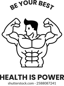 A muscular man with a smile on his face is the main focus of the image in the style of sign illustrations