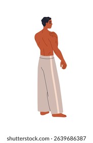 Muscular man standing, back view from behind. Male figure with naked fit torso, strong muscles, barefoot. Athletic person touching shoulder. Flat vector illustration isolated on white background