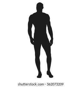 Muscular Man Stands, Rippling Athlete, Sprinter, Hero. Vector Silhouette