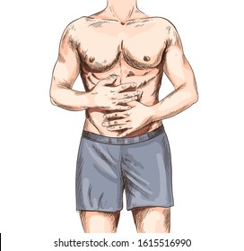 Muscular Man Suffering From The Stomach Ache, Holding Hands On His Belly. Hand Drawn Vector Illustration. Full Color Sketch.