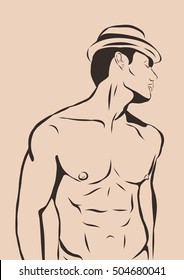 Muscular man in swimming trunks and hat Vector illustration, isolated on white background.