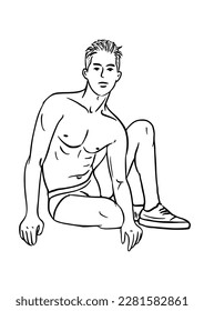 Muscular man in swimming trunks sitting on the floor illustration, isolated on white background