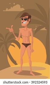 Muscular man in swimming trunks and sunglasses 