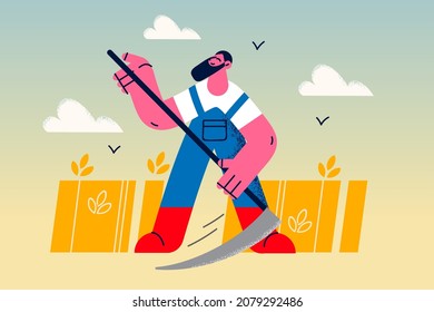 Muscular man in uniform reap scythe corn or wheat in field. Strong reaper or cropper cut harvest with agricultural hand tool. Farming and agriculture concept. Vector illustration, cartoon character. 