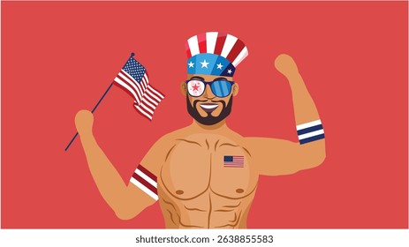Muscular man wearing patriotic outfit holding American flag in celebration of 4th July