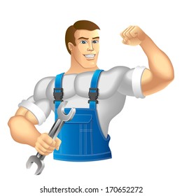 Muscular man in work clothes. Mechanic or handyman in work clothes holding a spanner. Vector illustration.