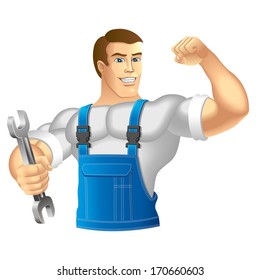 Muscular man in work clothes. Mechanic or handyman in work clothes holding a spanner. Vector illustration.