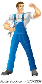Muscular man in work clothes. Mechanic or handyman in work clothes holding a spanner. Vector illustration.