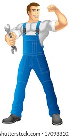 Muscular man in work clothes. Mechanic or handyman in work clothes holding a spanner. Vector illustration.