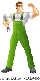 Muscular man in work clothes. Mechanic or handyman in work clothes holding a spanner. Vector illustration.