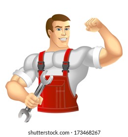 Muscular man in work clothes. Mechanic or handyman in work clothes holding a spanner. Vector illustration.