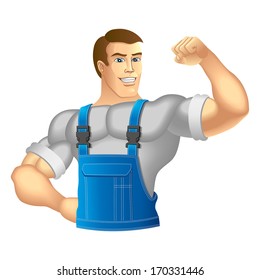 Muscular man in work clothes. Vector illustration.