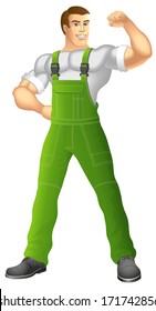 Muscular man in work clothes. Vector illustration.