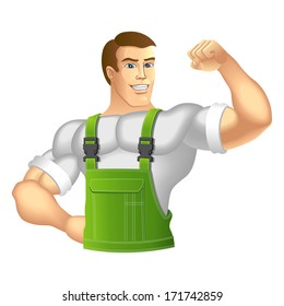 Muscular man in work clothes. Vector illustration.