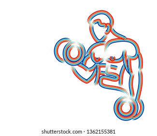 Muscular Man Workout with Barbell Sport and Activity Line Art Drawing, Vector Illustration.