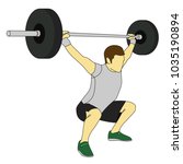 Muscular man-weightlifter doing squat and raising the barbell to overhead position. Colored vector illustration isolated on white background.